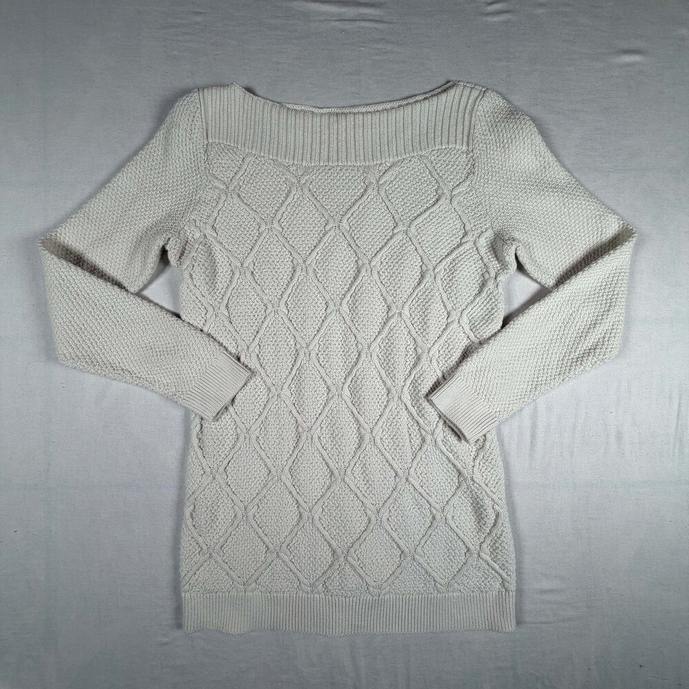 LOFT Cream Off White Diamond Cable Knit Boatneck Sweater Size M 100% Cotton